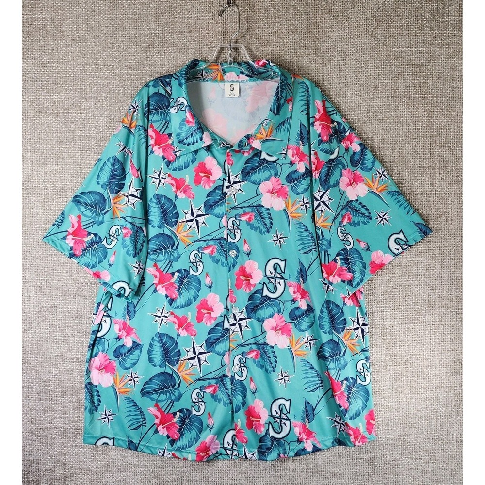 SEATTLE MARINERS All Over Floral Aloha‎ Print Baseball Shirt Adult XXL Green EUC